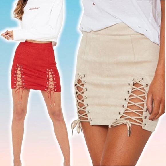 MANIERE DE VOIR Suede Lace-Up Mini Skirt Sz 2 - Picture 1 of 8